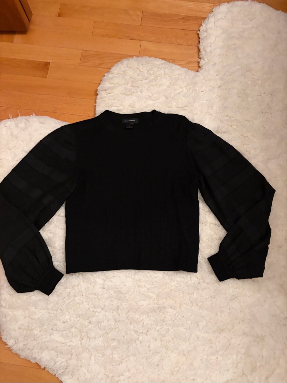 Club Monaco Black Crewneck Sweater with Sheer Striped Balloon Sleeves